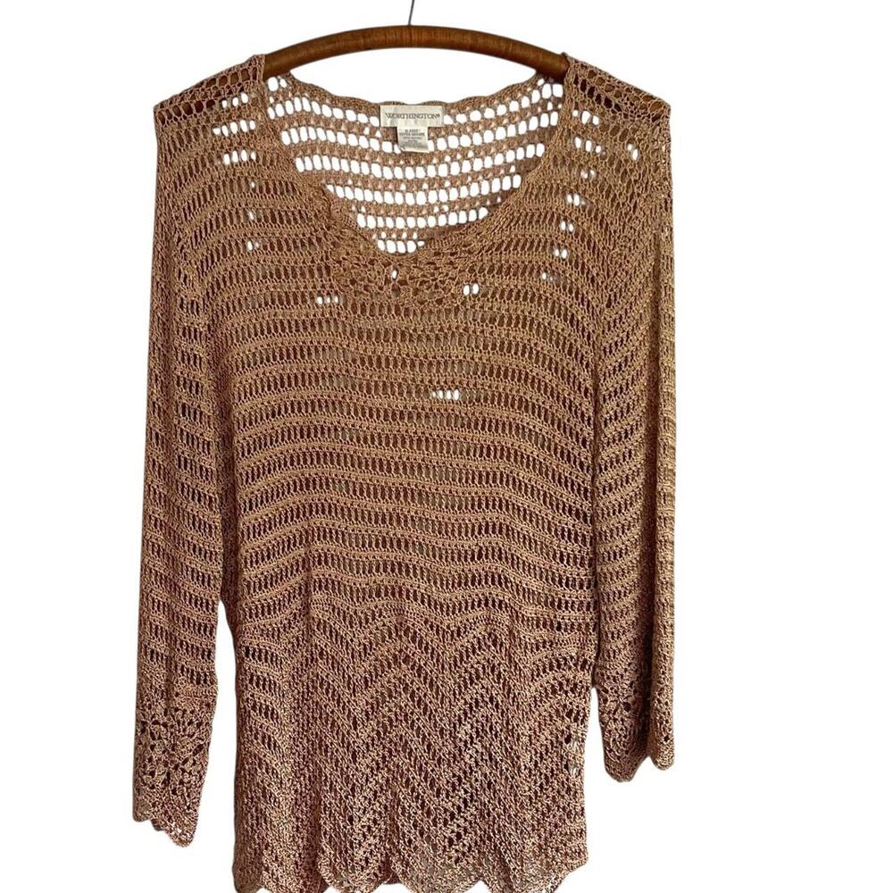 Worthington Tan Brown Knitted Overlay Blouse: Y2K, Modern